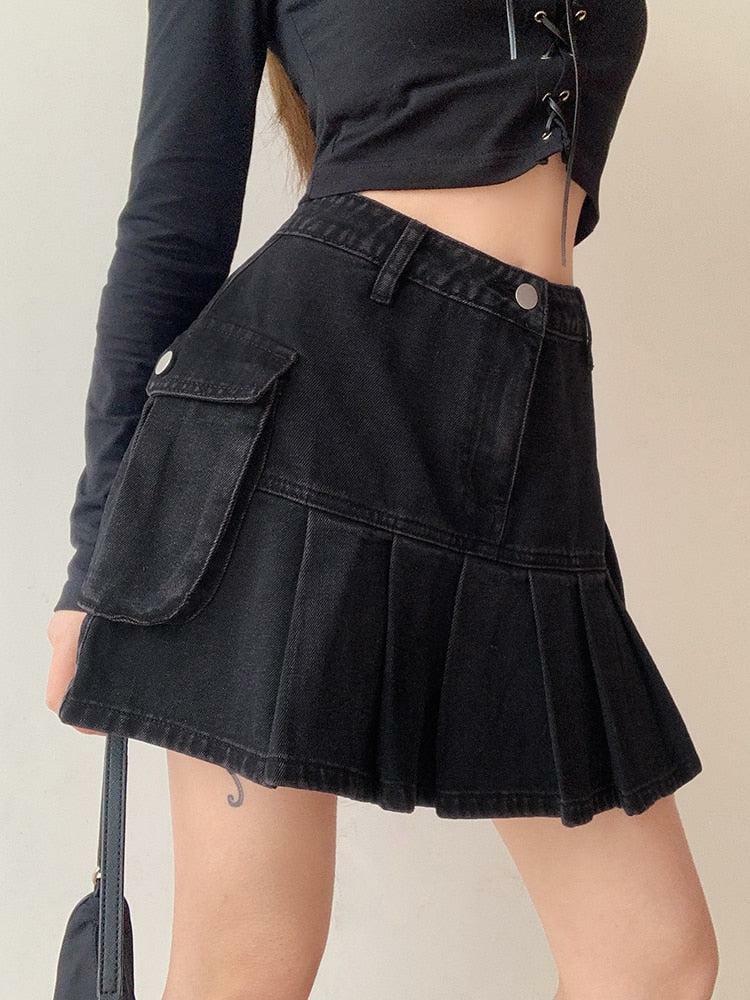 Grunge Style Cargo Denim Mini Skirt - Aesthetic Outfit Essential