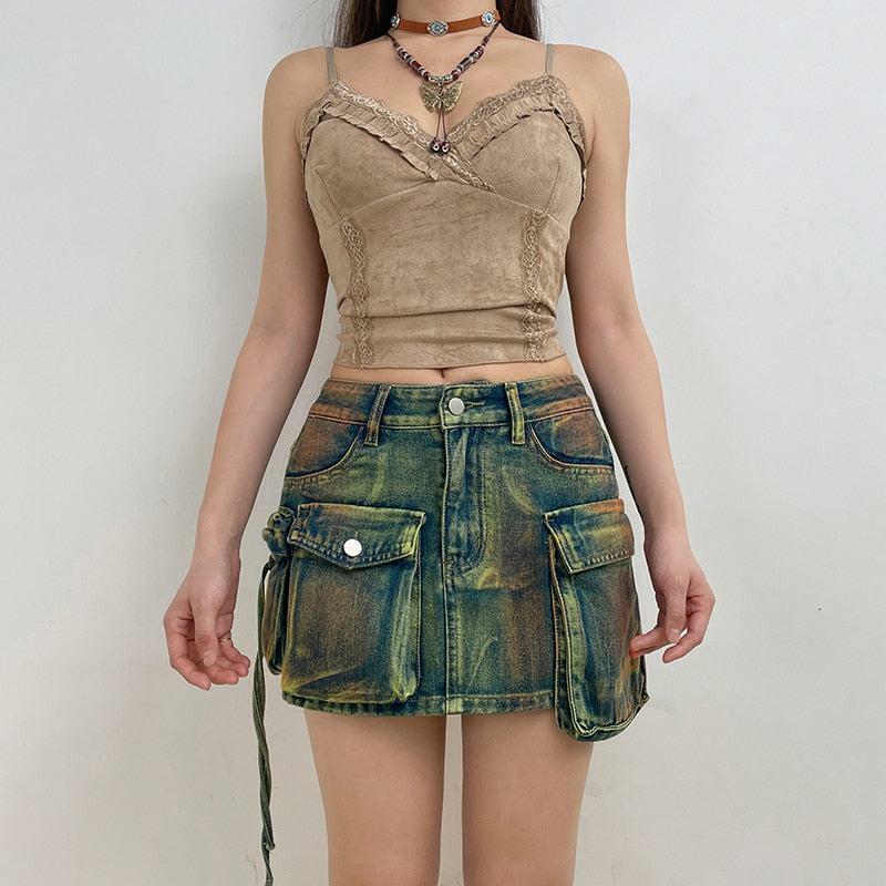 Grunge Style Cargo Denim Mini Skirt - Aesthetic Outfit Essential