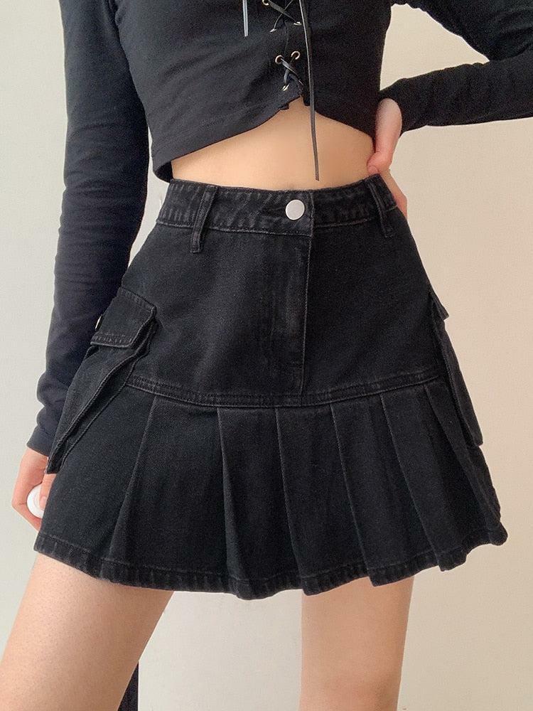 Grunge Style Cargo Denim Mini Skirt - Aesthetic Outfit Essential