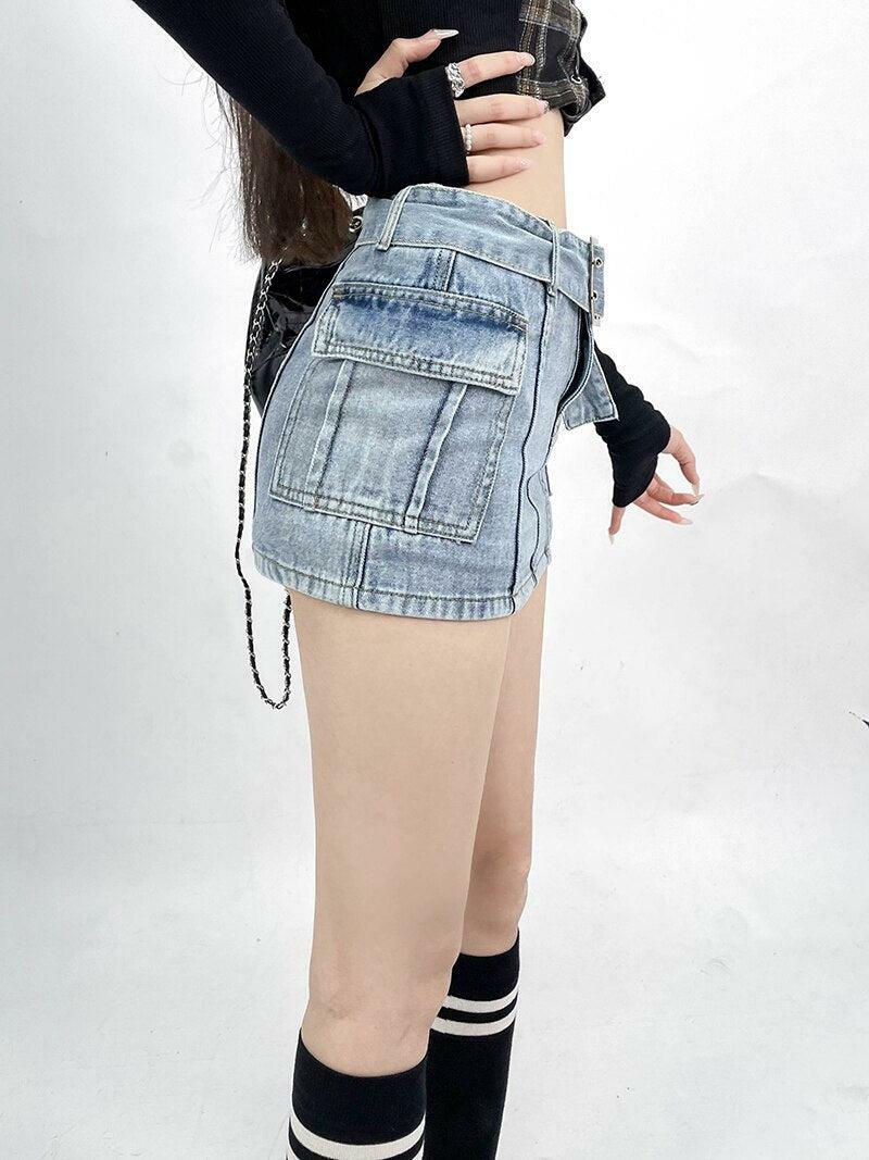 Grunge Style Cargo Jean Mini Skort - Aesthetic Outfit Essential