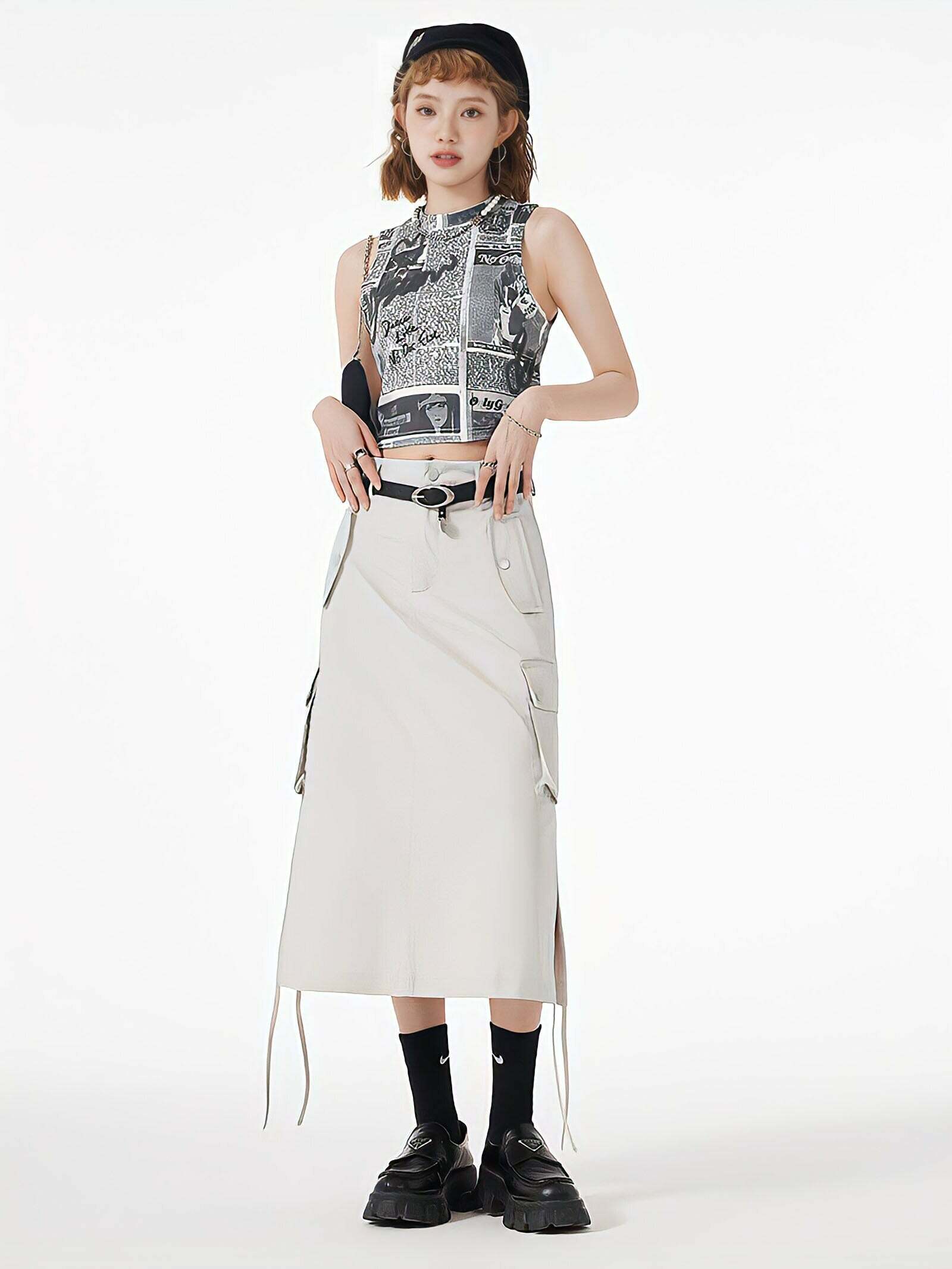 Grunge Style Cargo Midi Skirt with Slit & String Details for Aesthetic Outfits