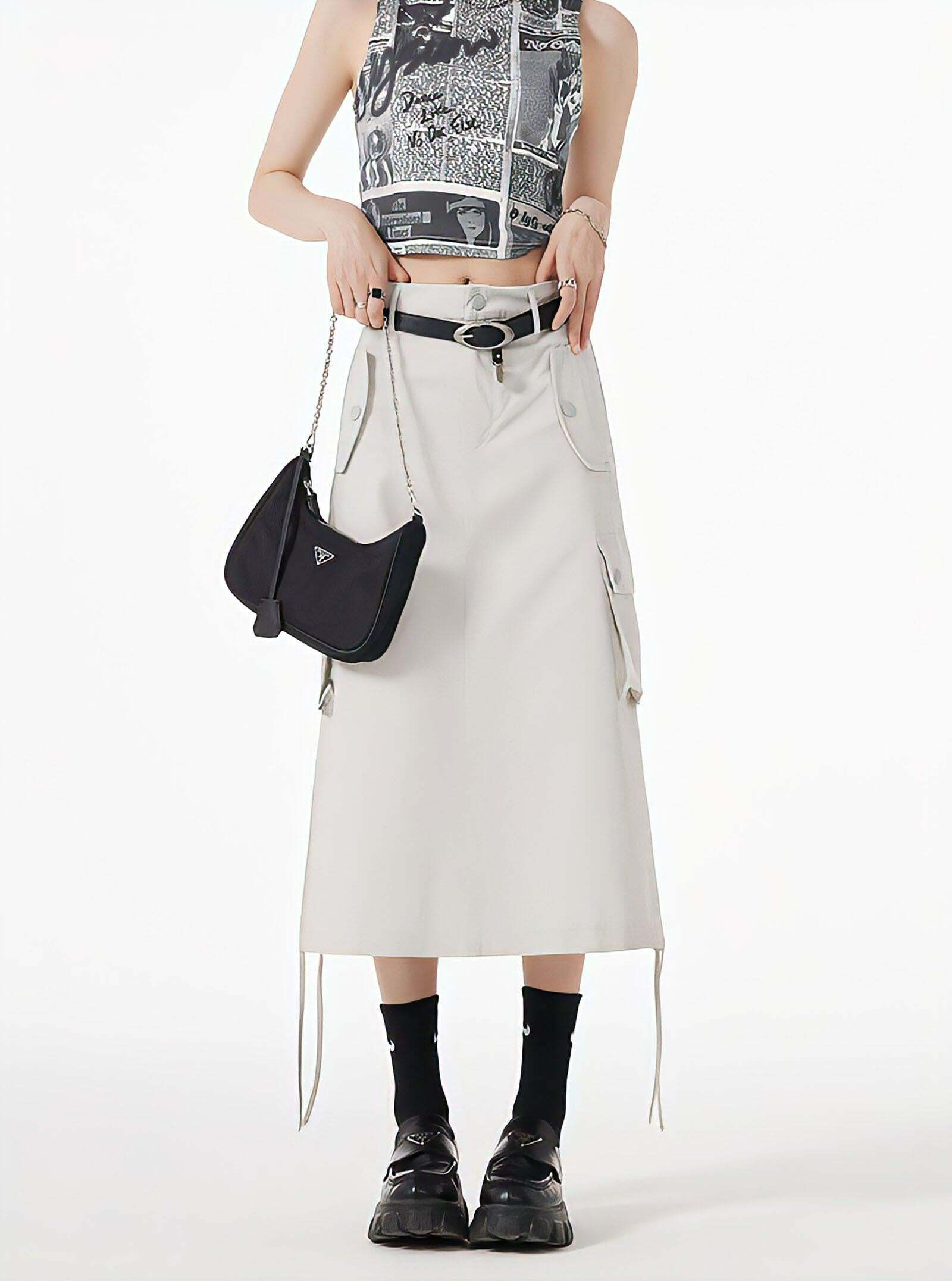 Grunge Style Cargo Midi Skirt with Slit & String Details for Aesthetic Outfits