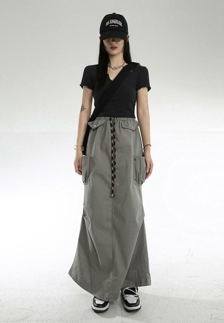 Grunge Style Cargo Pocket Parachute Maxi Skirt for Aesthetic Outfits