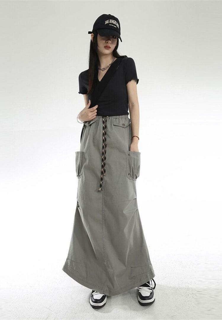 Grunge Style Cargo Pocket Parachute Maxi Skirt for Aesthetic Outfits