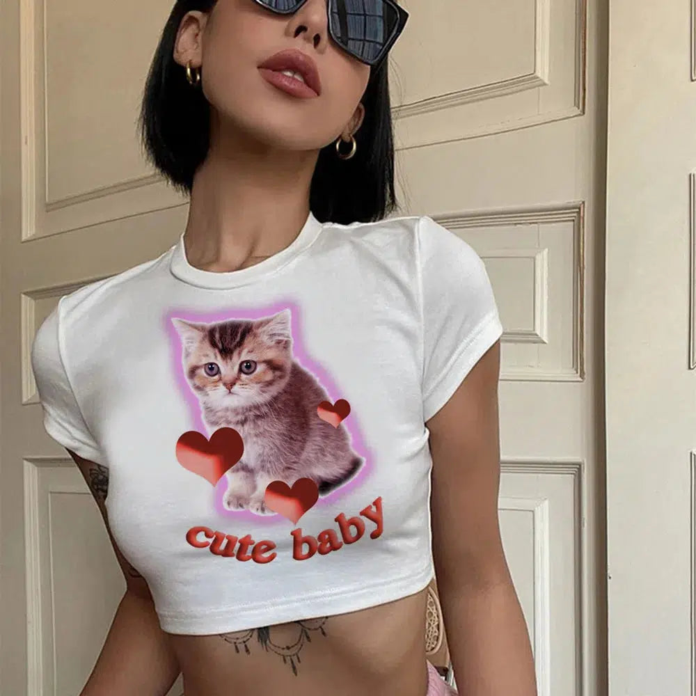 Grunge Style Cat Baby Tee: Aesthetic Soft Girl & Gothic Fashion Top