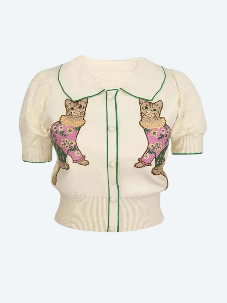 Grunge Style Cat Embroidered Cropped Sweater Vest - Aesthetic Outfit