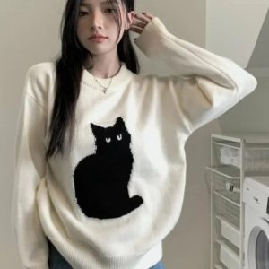 Grunge Style Cat Sweater Vest - Backless Aesthetic Top for Soft Girls