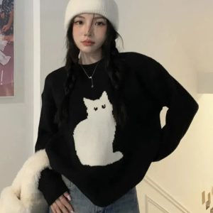 Grunge Style Cat Sweater Vest - Backless Aesthetic Top for Soft Girls