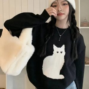 Grunge Style Cat Sweater Vest - Backless Aesthetic Top for Soft Girls