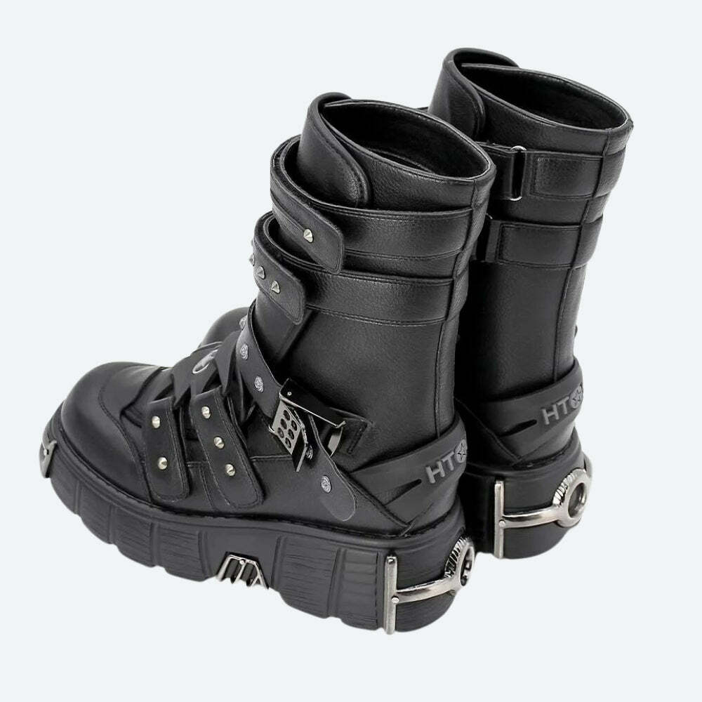 Grunge Style Chunky Platform Boots with Velcro Straps for Aesthetic Outfits