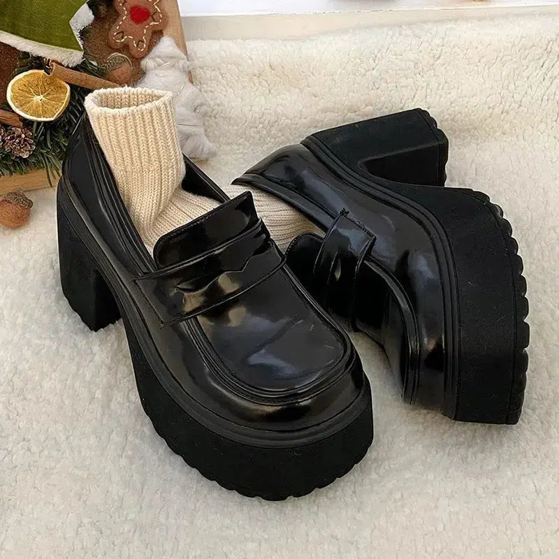 Grunge Style Chunky Platform High Heel Loafer Shoes for Aesthetic Outfits