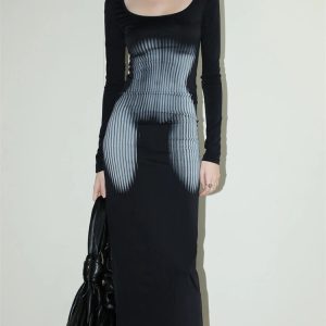 Grunge Style Clothing: 3D Body Print Maxi Dress for Aesthetic Outfits