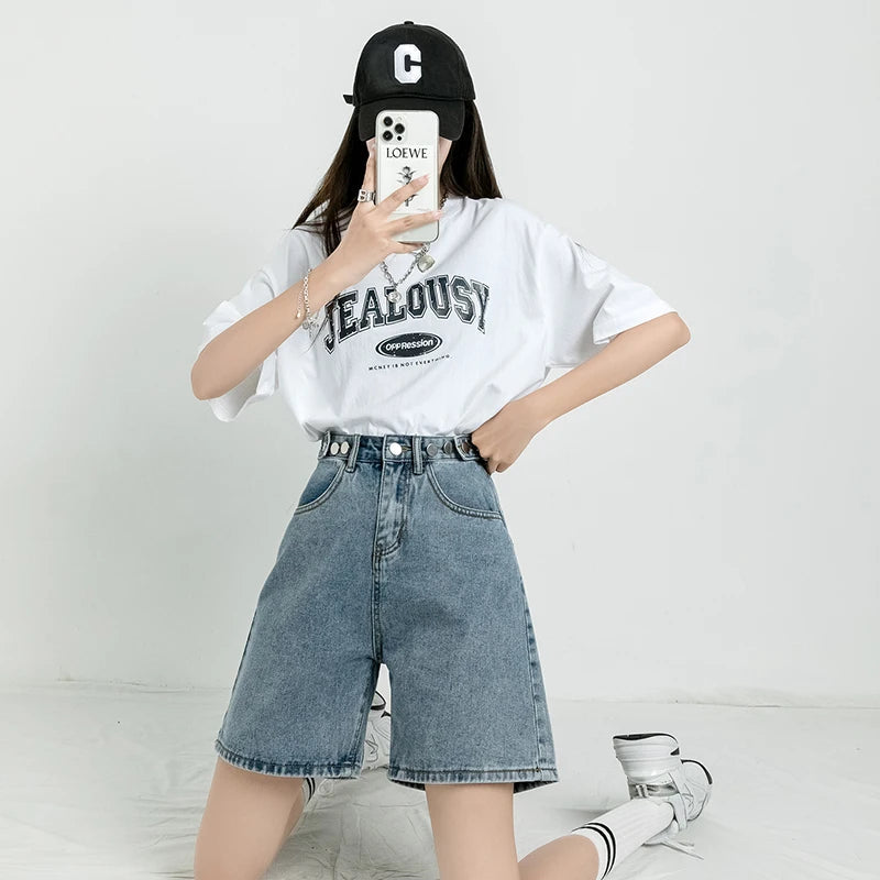 Grunge Style Clothing: Adjustable Waist Denim Shorts for Aesthetic Outfits