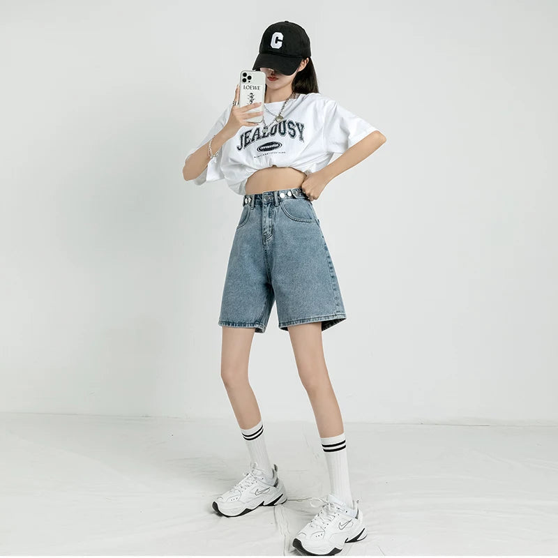 Grunge Style Clothing: Adjustable Waist Denim Shorts for Aesthetic Outfits