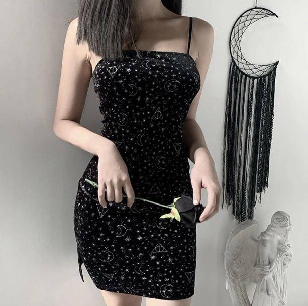 Grunge Style Clothing: Aesthetic Constellation Dress with Backless Design