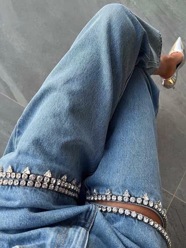 Grunge Style Clothing: Baddie Embellished Cut-Out Jeans for Aesthetic Outfits