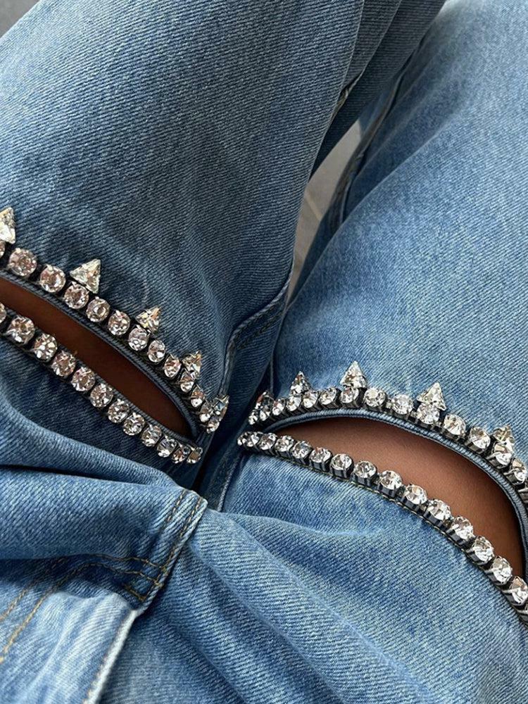 Grunge Style Clothing: Baddie Embellished Cut-Out Jeans for Aesthetic Outfits