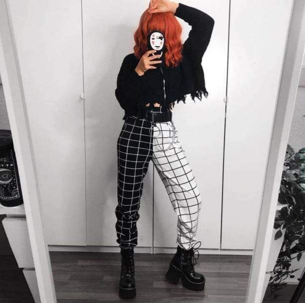 Grunge Style Clothing: Black and White Cropped Sweater Vest & Pants Set