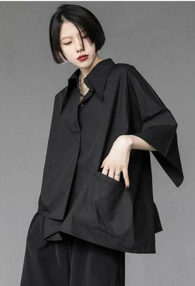 Grunge Style Clothing: Black Korean Asymmetric Shirt for Aesthetic Outfits