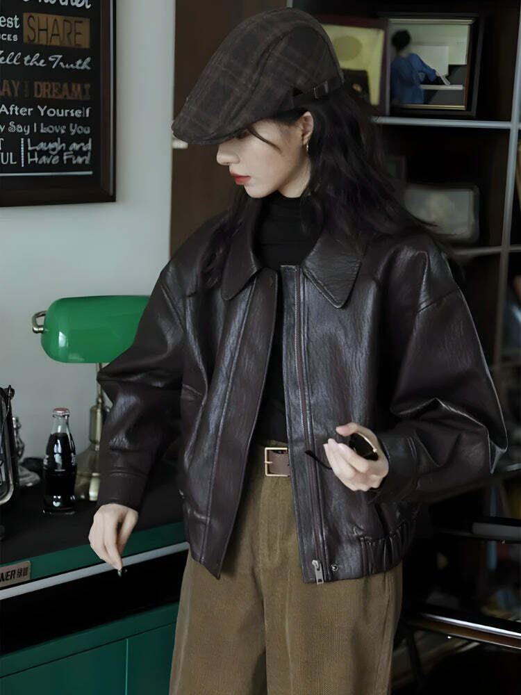 Grunge Style Clothing: Brown Faux Leather Jacket for Aesthetic Outfits