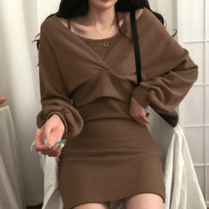 Grunge Style Clothing: Brown Knitted Mini Dress for Aesthetic Outfits