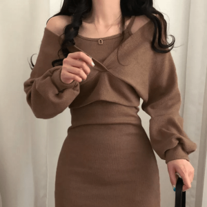 Grunge Style Clothing: Brown Knitted Mini Dress for Aesthetic Outfits