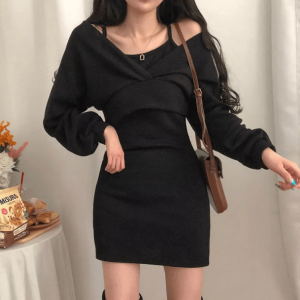 Grunge Style Clothing: Brown Knitted Mini Dress for Aesthetic Outfits