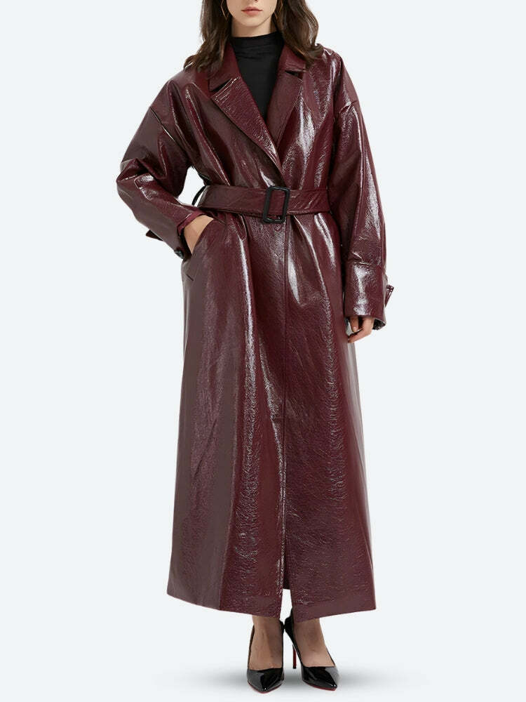 Grunge Style Clothing: Burgundy Faux Leather Coat for Aesthetic Outfits