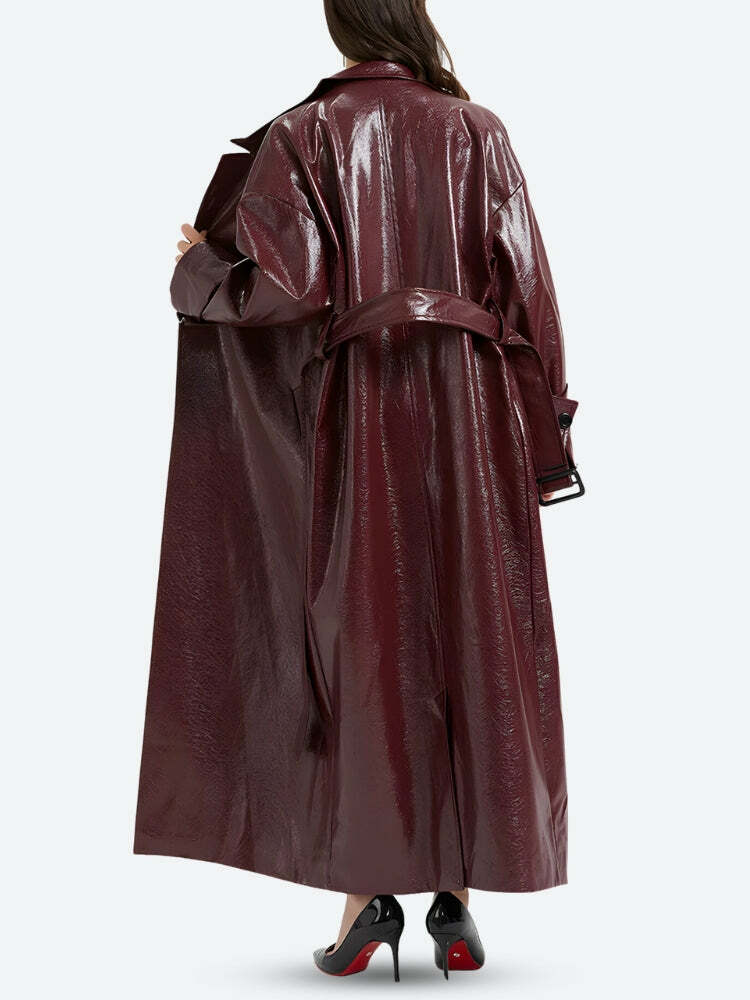 Grunge Style Clothing: Burgundy Faux Leather Coat for Aesthetic Outfits