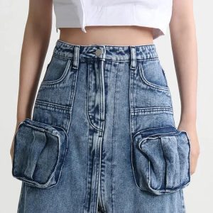 Grunge Style Clothing: Cargo Split Denim Midi Skirt for Aesthetic Outfits