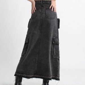 Grunge Style Clothing: Cargo Split Denim Midi Skirt for Aesthetic Outfits