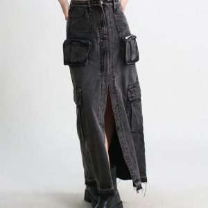 Grunge Style Clothing: Cargo Split Denim Midi Skirt for Aesthetic Outfits