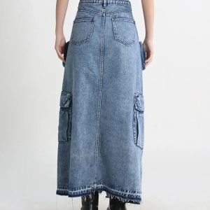 Grunge Style Clothing: Cargo Split Denim Midi Skirt for Aesthetic Outfits