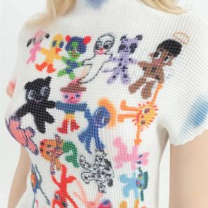 Grunge Style Clothing: Cartoon Figures Printed Cropped Sweater Vest