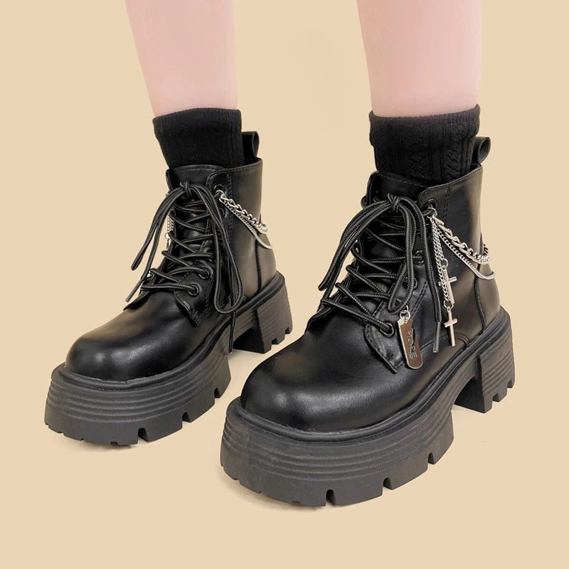 Grunge Style Clothing: Cross Chain Combat Boots for Aesthetic Outfits