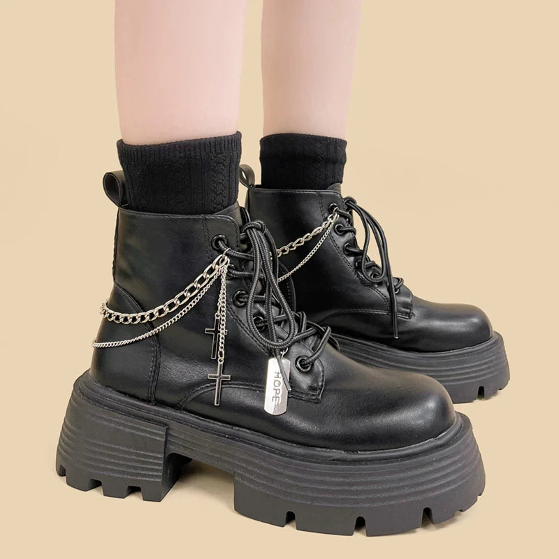 Grunge Style Clothing: Cross Chain Combat Boots for Aesthetic Outfits