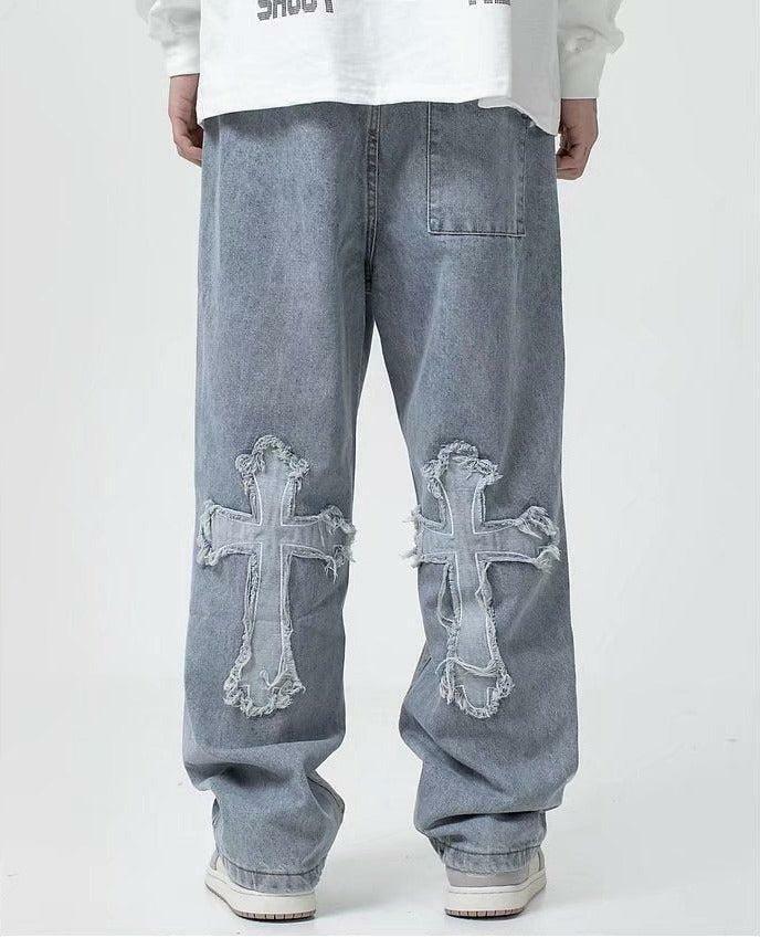 Grunge Style Clothing: Cross Patchwork Baggy Jeans for Aesthetic Outfits