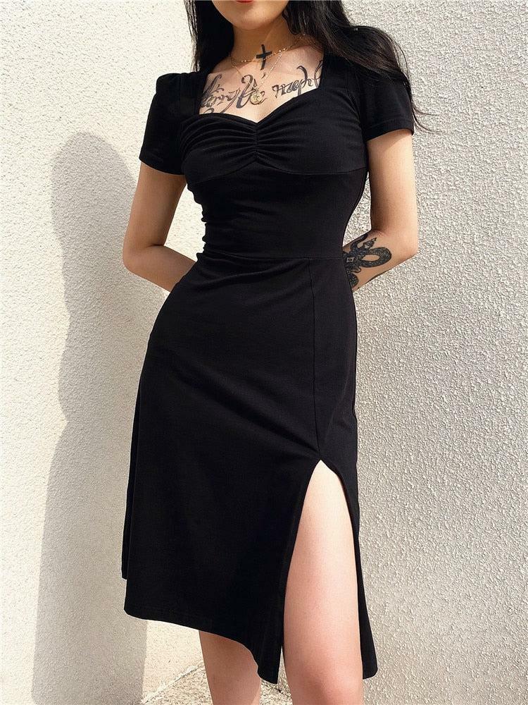 Grunge Style Clothing: Dark Academia Leg Split Midi Dress for Aesthetic Outfits