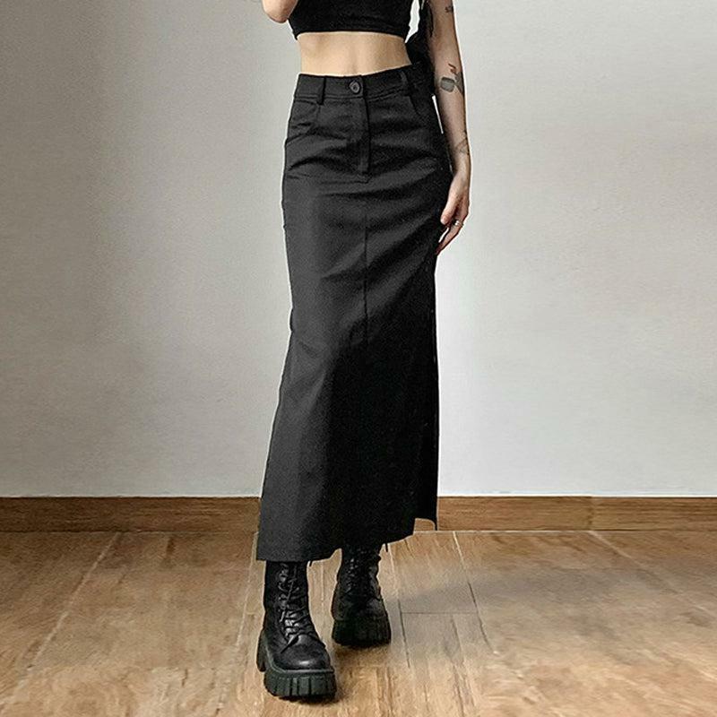 Grunge Style Clothing: Dark Academia Side Slit Maxi Skirt for Aesthetic Outfits