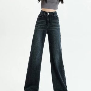 Grunge Style Clothing: Dark Wash Straight Leg Denim Jeans for Aesthetic Outfits