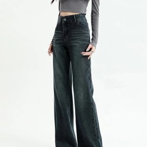 Grunge Style Clothing: Dark Wash Straight Leg Denim Jeans for Aesthetic Outfits