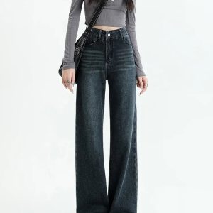 Grunge Style Clothing: Dark Wash Straight Leg Denim Jeans for Aesthetic Outfits