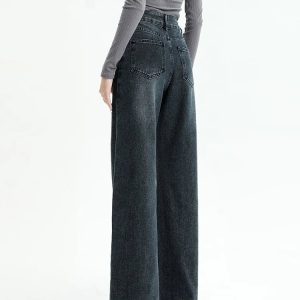 Grunge Style Clothing: Dark Wash Straight Leg Denim Jeans for Aesthetic Outfits