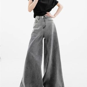 Grunge Style Clothing: Dark Wash Super Wide Leg Jeans for Aesthetic Outfits