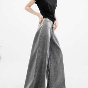 Grunge Style Clothing: Dark Wash Super Wide Leg Jeans for Aesthetic Outfits