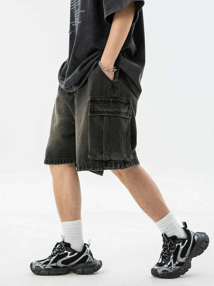 Grunge Style Clothing: Denim Drawstring Wide Leg Cargo Shorts for Aesthetic Outfits