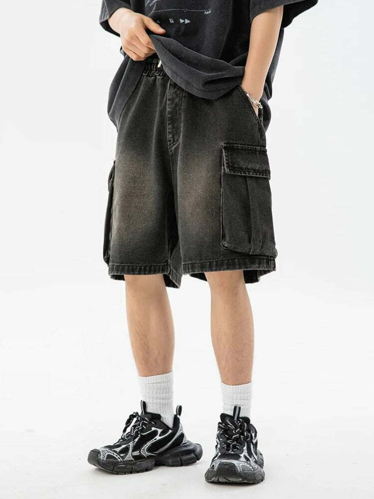 Grunge Style Clothing: Denim Drawstring Wide Leg Cargo Shorts for Aesthetic Outfits