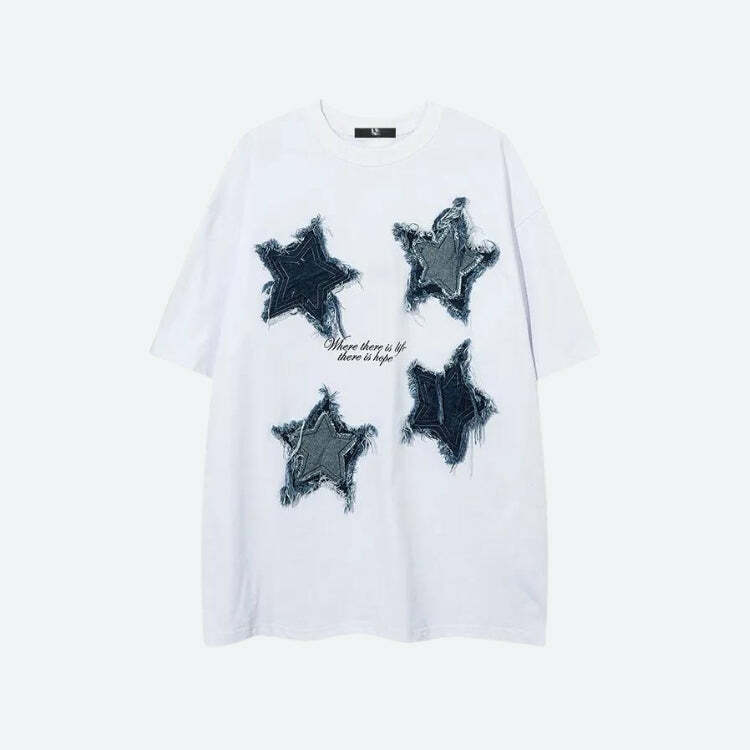 Grunge Style Clothing: Denim Star Patchwork Tee for Aesthetic Outfits