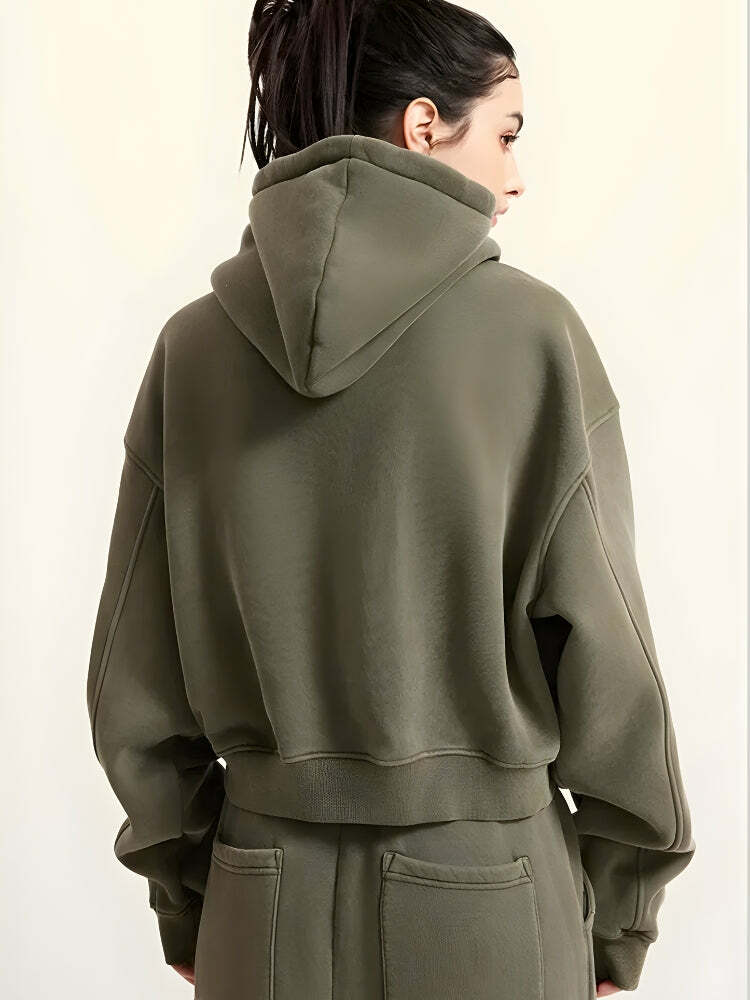 Grunge Style Clothing: Double Zip-Up Cropped Hoodie for Aesthetic Outfits