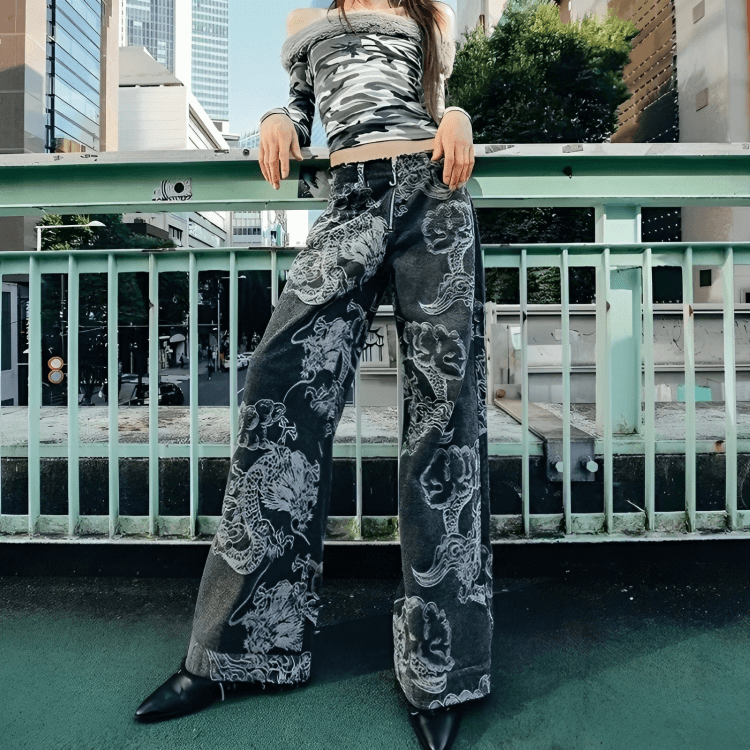 Grunge Style Clothing: Dragon Printed Jeans for Aesthetic Outfits